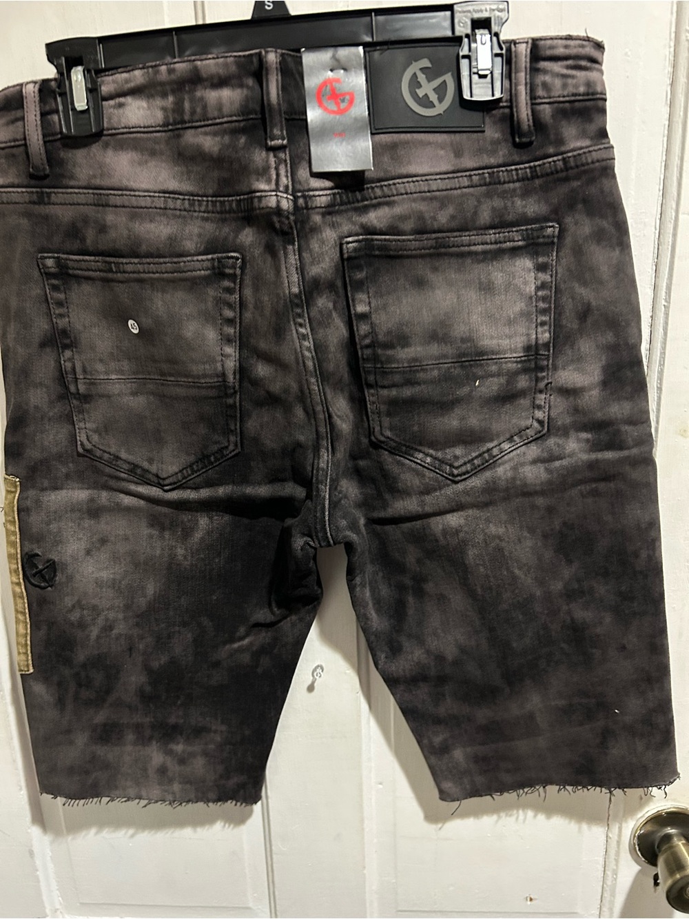 Men's Washed Black Denim Shorts - Designer Patch Detail